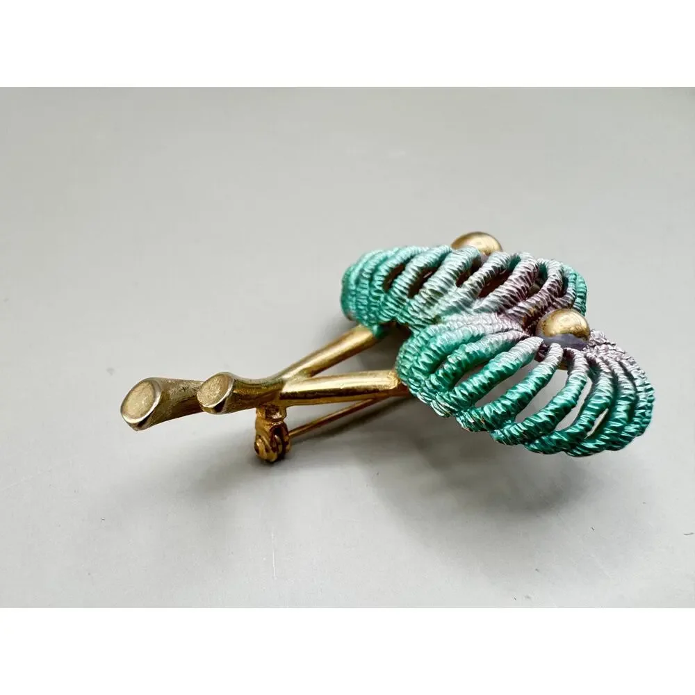 Vintage Enameled Teal and Purple Gold Tone Flower Brooch